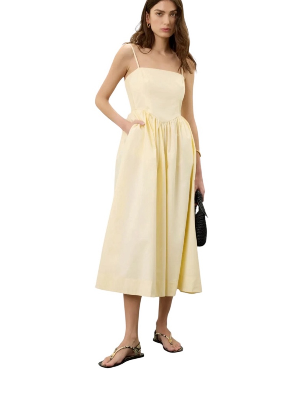 Ronny kobo Sleeveless Square-Neck Midi Dress in Pale Yellow size 14